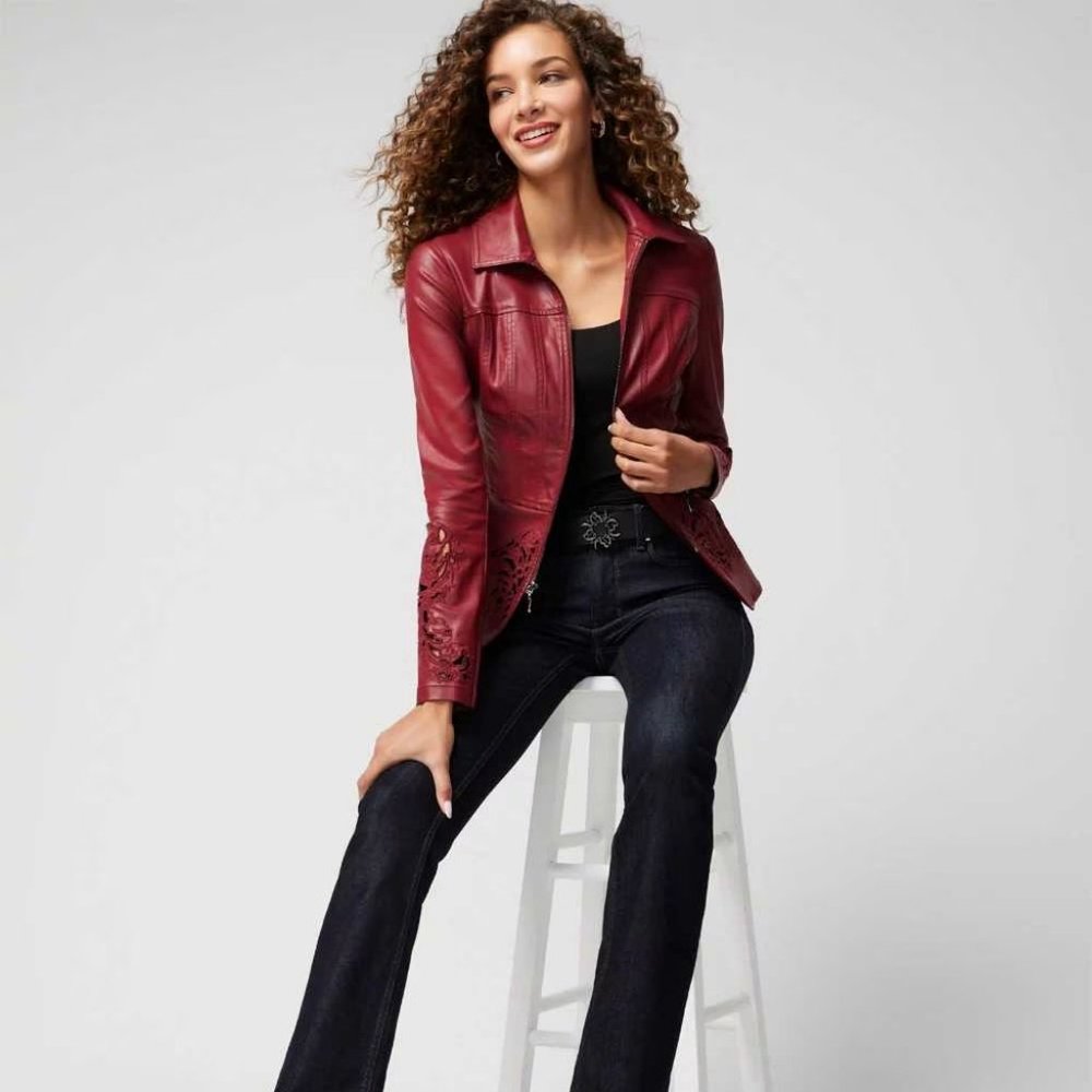 WHBM NWT Cutwork Coated Denim Flirty Jacket Dark Red LEATHER LOOK - Picture 8 of 12